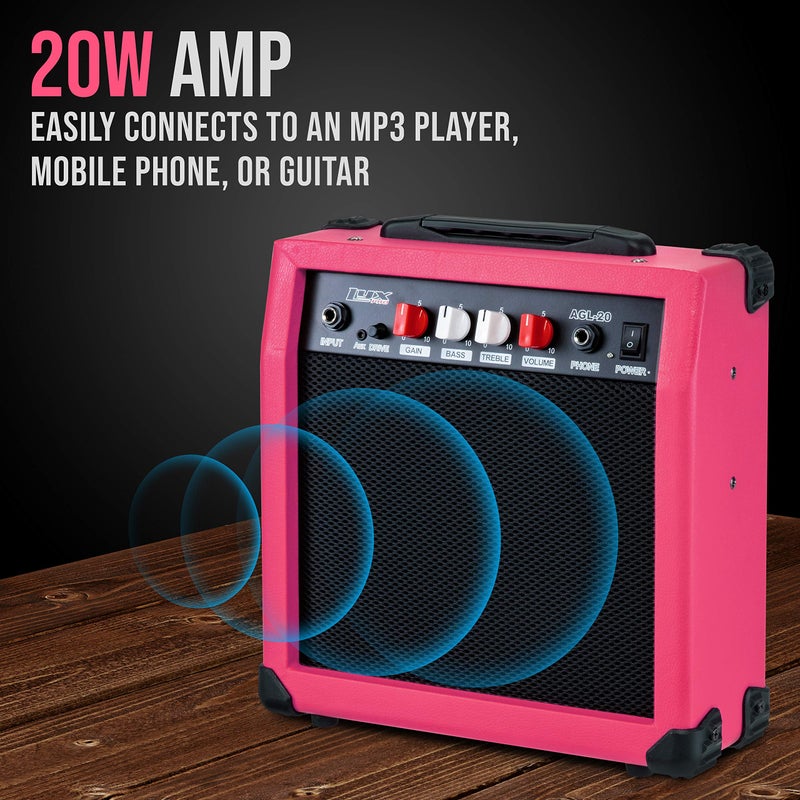 LyxPro Electric Guitar Amp 20 Watt Amplifier Built in Speaker Headphone Jack and Aux Input Includes Gain Bass Treble Volume and Grind - Pink - Image 2